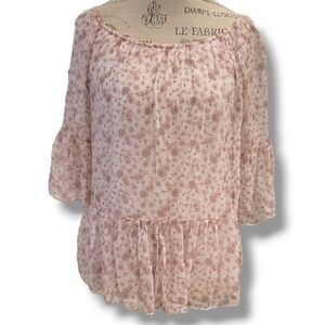 Via Signor Light Pink Floral Print Double Layered Silk Peasant Blouse - Size Med